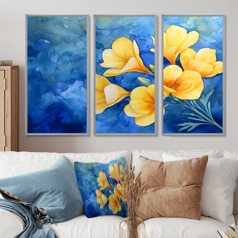 Ensemble de salon Addan - Irises Wall Art, Reproduction avec cadre flottant, Argent argent, 32" H x 48" W