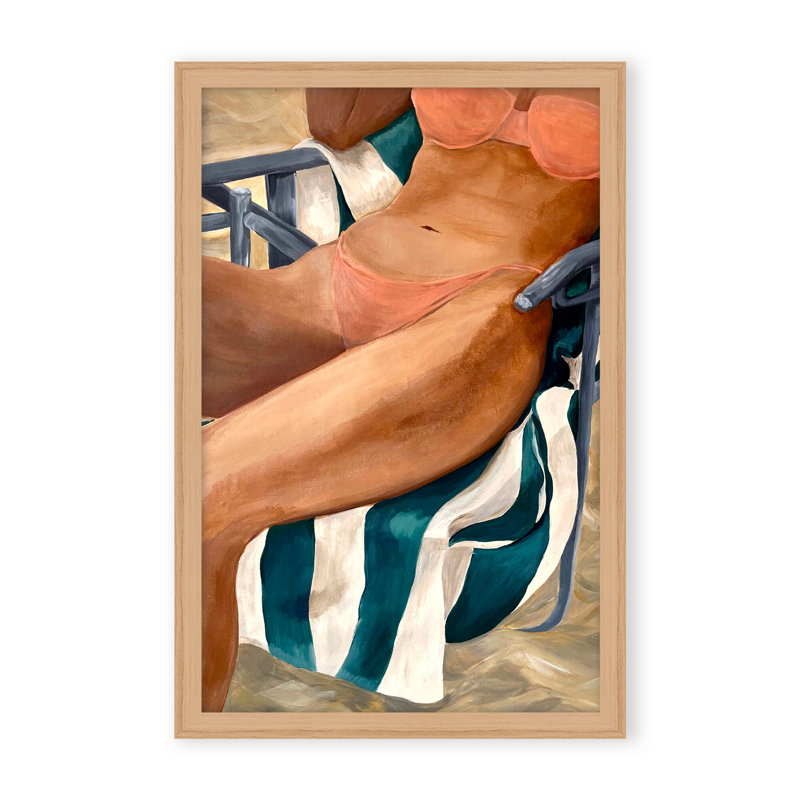 Coastal Retreat Riviera Retreat: Woman Lounging On Beach Towel And Chair, 40" H x 30" W x 1.125" D, White, Framed Print