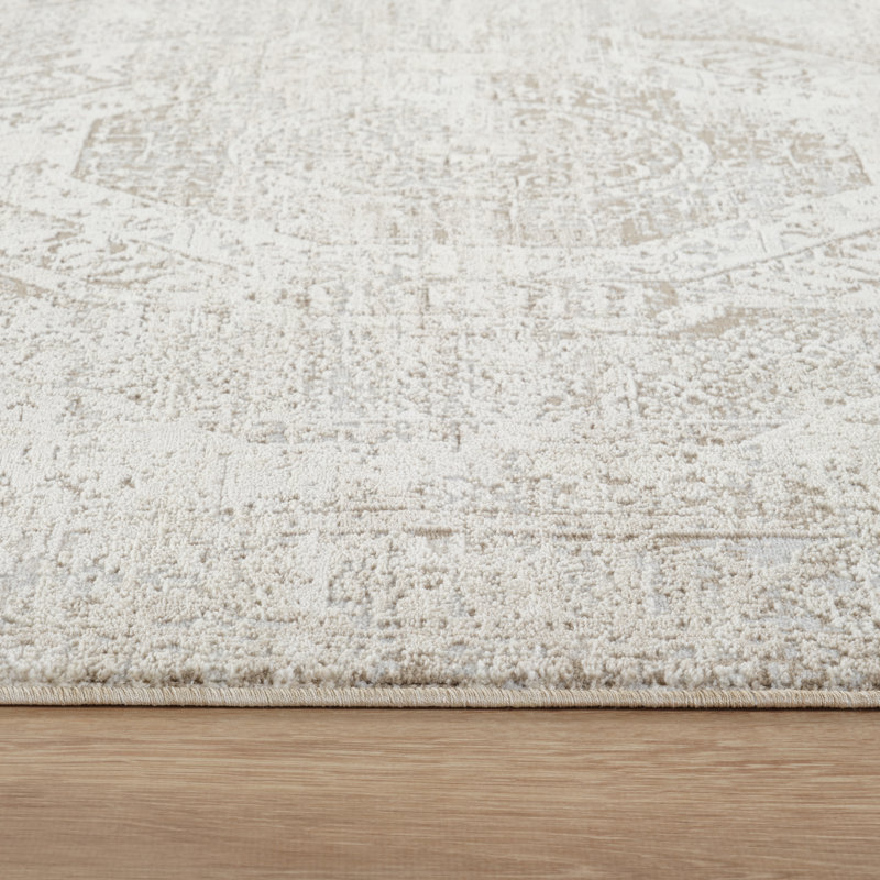 Mona Power Loom Polyester Geometric Area Rug in Cream/Taupe, Runner 2'2" x 8'