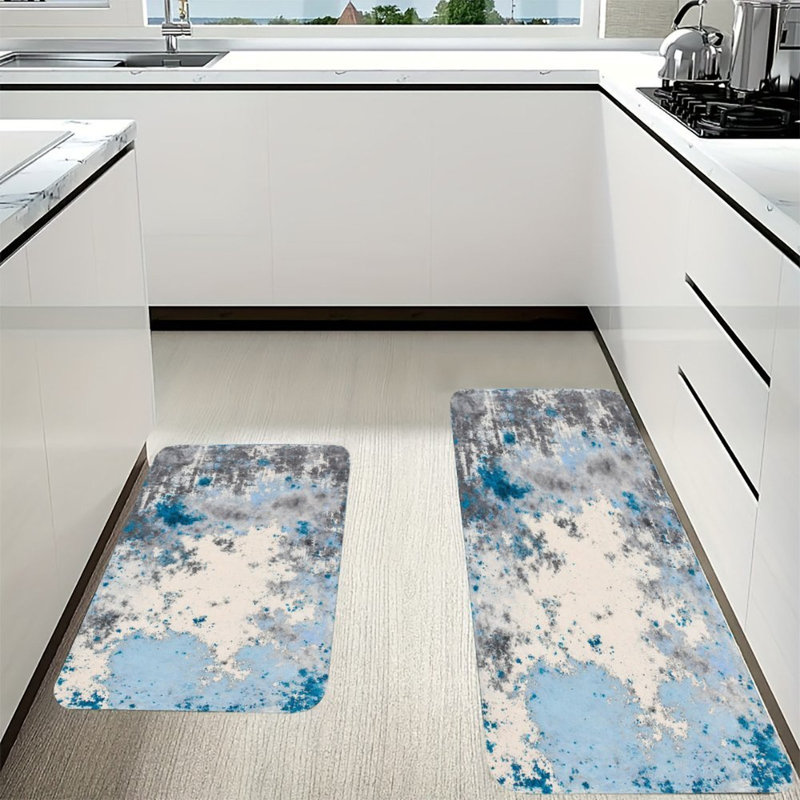 Tapis de cuisine antidérapant bleu et gris, 2 pièces