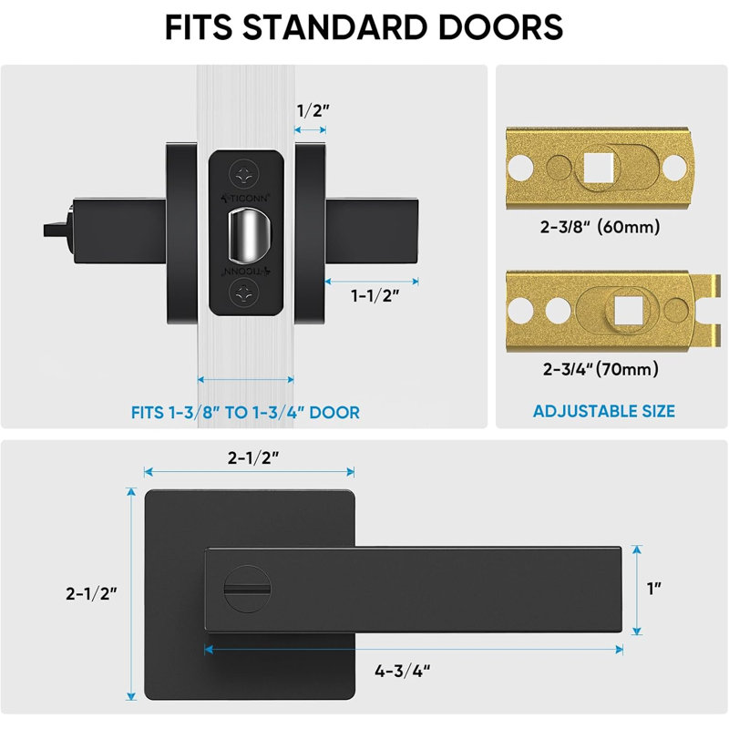 Poignées de porte noir mat 5PK, poignées de porte carrées réversibles pour le couloir et la chambre à coucher