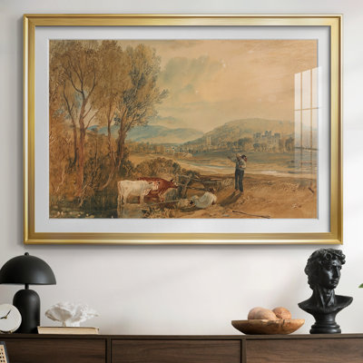 Paysage fluvial avec un château et des personnages-J.M.W. Turner, reproduction encadrée avec passe-partout et verre début du 19e siècle