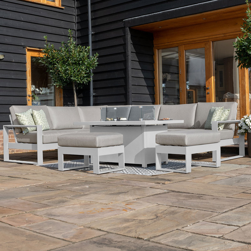 Hafza Large Aluminium Corner Dining Set - with Fire Pit Table & Footstools - White, White, Light Grey