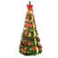 Arbre de Noël escamotable 7,5 pi avec 200 lumières UL blanc chaud, 80 accessoires festifs, décor rouge et or, idéal pour une décoration rapide dans de petits espaces.