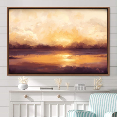 Abstract Landscape " IDEA4WALL Framed Canvas Wall Art Serene Orange Brown Sunrise Over The Sea Coastal Ocean Oil Painting Abstract Modern Closeup Relax/Calm for Living Room, Bedroom, Office " Graphic Art Print