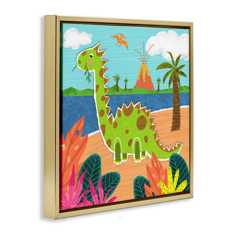 «Dinosaur on Beach» par Tina Finn, Cadre doré, H 25 po x l 25 po