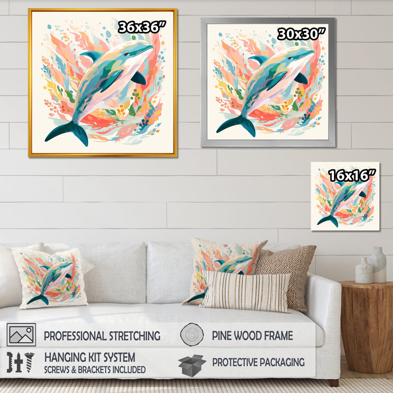 Dive Dauphin S Grace II - animaux, art mural dauphin, Cadre flottant blanc, H 16 po x l 16 po x P 1 po