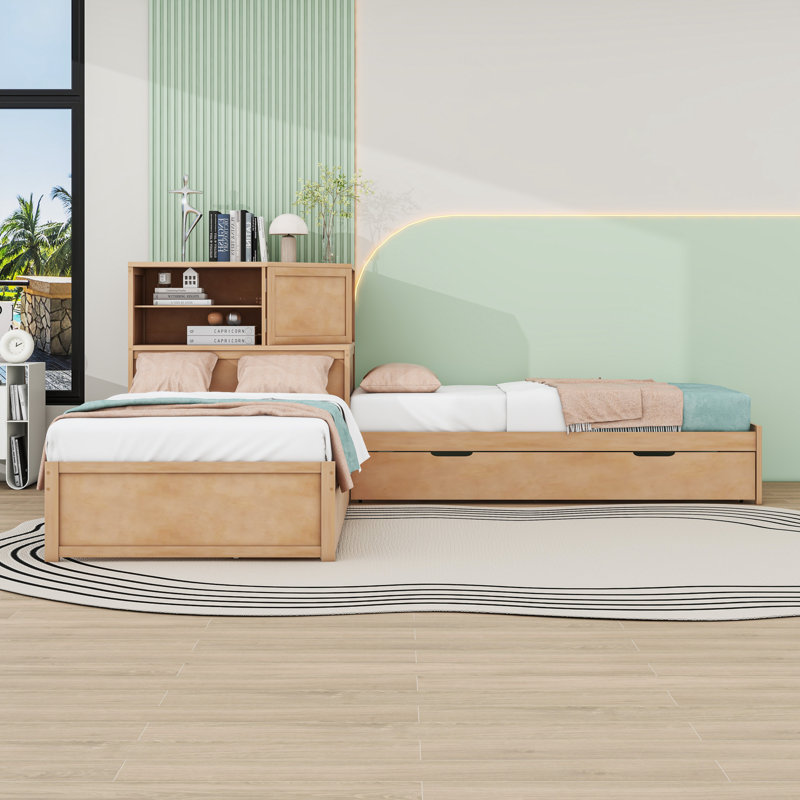 Lit plateforme simple en bois avec tiroirs de rangement, lit gigogne et bureau, Naturel