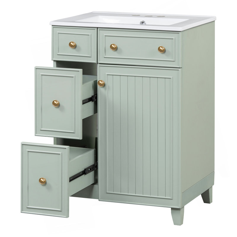 Meuble-lavabo peu encombrant avec lavabo en céramique et beaucoup de rangement, Vert