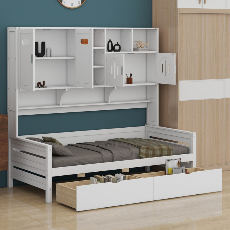 Lit de jour en bois avec 2 tiroirs, armoire et tablette tout-en-un, blanc