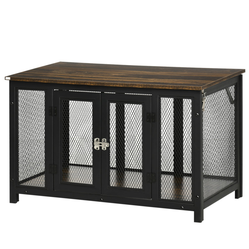 Piersten Dog Crate Furniture, Indoor Pet Crate End Table, Mesh Dog Kennels With Double Doors For Small And Medium Dogs, Brown/Black