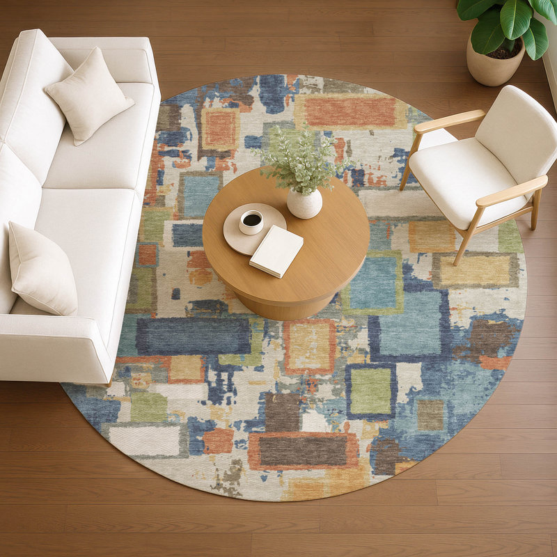 Machine Washable Indoor/Outdoor Gursevak ACN2246 Geometric Rug, Round 8'