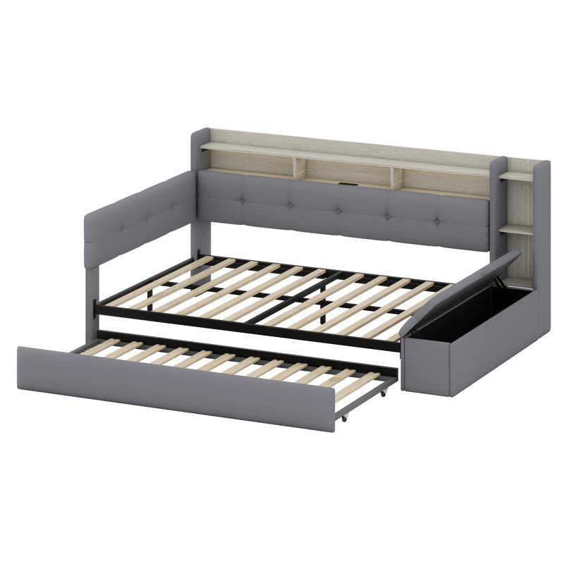 Lit de jour multifonctionnel avec repose-pieds de rangement, tablettes, lit gigogne, charge USB et lumière DEL, Gris