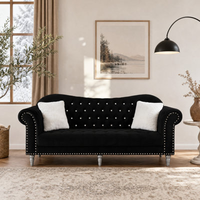 88.6" Chesterfield Sofa, Velvet Couch with Crystal Diamond Inlay on Seat & Back, Black