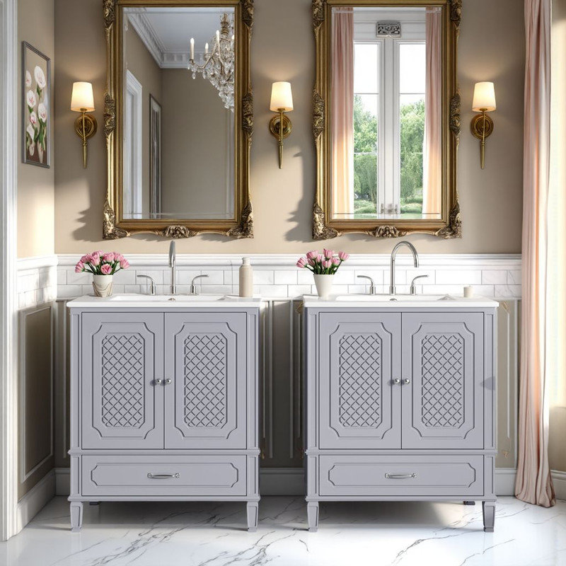 Ensemble de meuble-lavabo double 60 po, Gris, Ensemble de centre 8 po