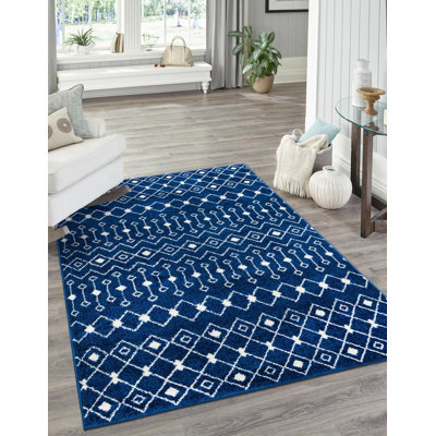 Tapis bleu / blanc en chenille / polyester tissé à la machine Briehn