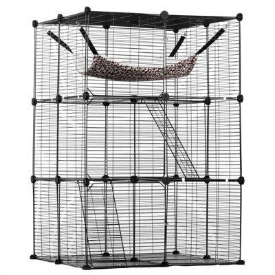 Grande cage à chat à 3 niveaux 28 po x 28 po x 41 po en métal avec hamac Catio