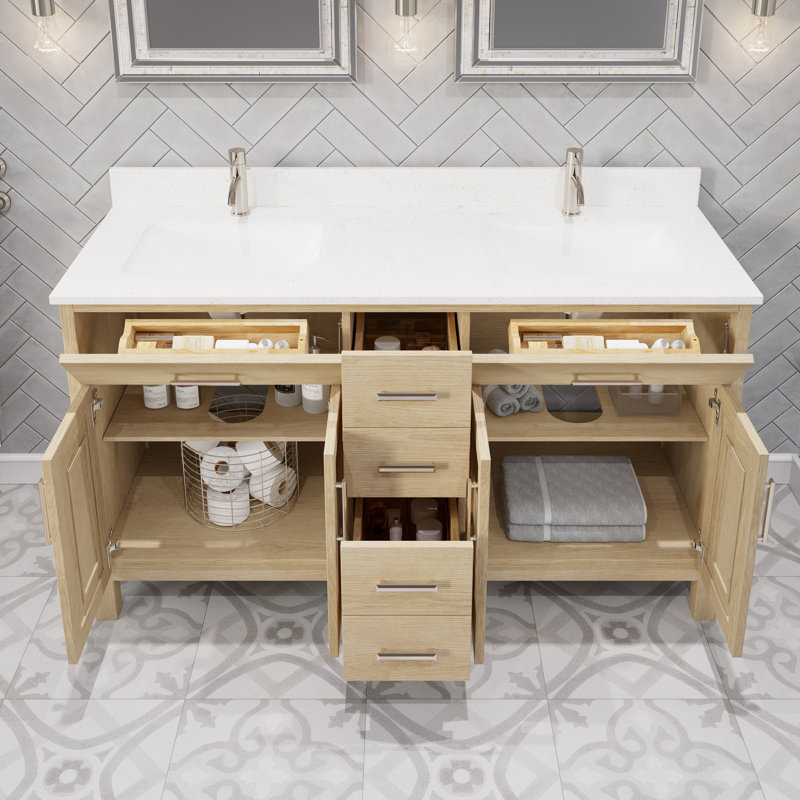 Ensemble de meuble-lavabo double en bois massif l 60 po x P 22 po Kali II, Chêne patiné, 60"