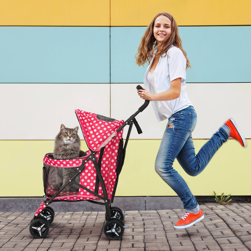4 Wheel Folding Pet Stroller, Foldable Dog Jogger Stroller with Adjustable Canopy and Mesh Window, White/Pink