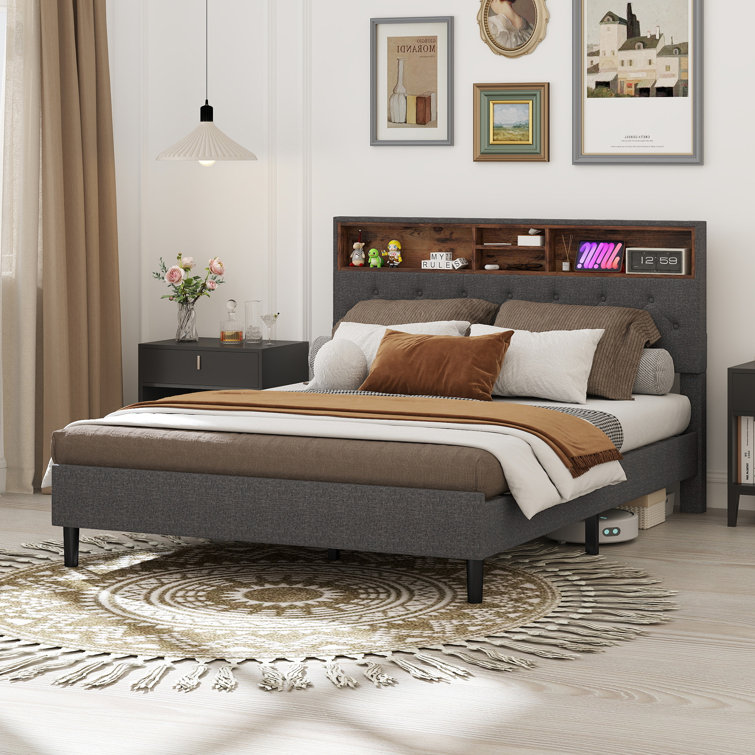 Modern Upholstered Solid Wood Bed Frame with Bookcase Headboard