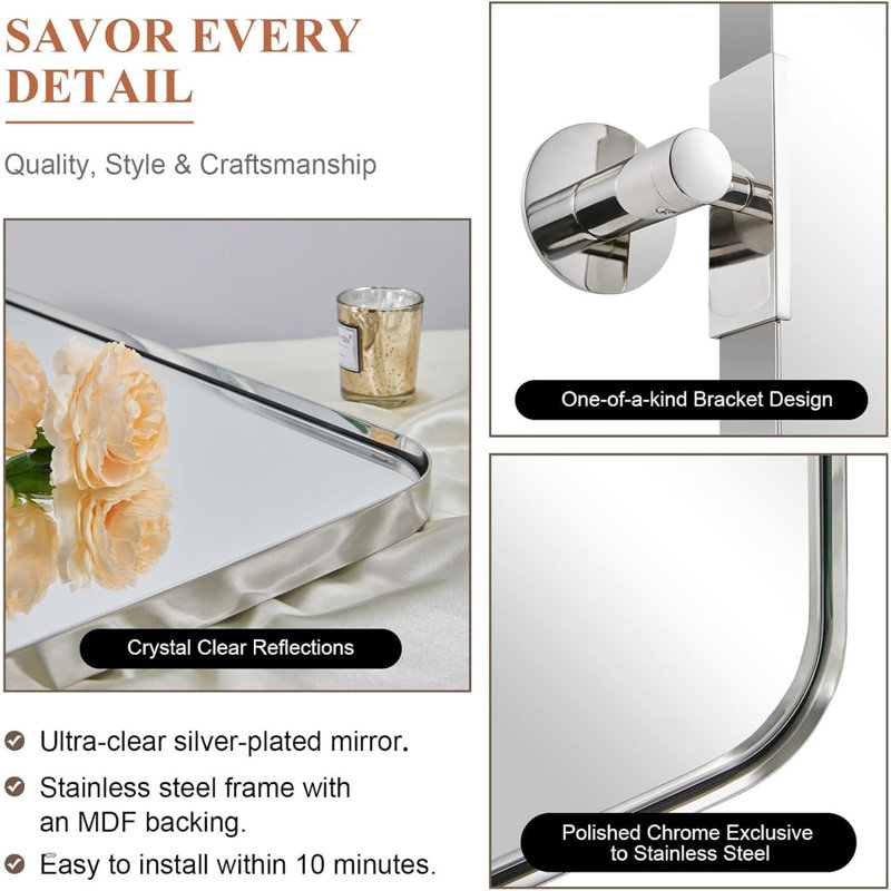 Modern Tilting Bathroom Vanity Wall Mirror | Stainless Steel Pivot Frame, 30" x 22", Polished Chrome