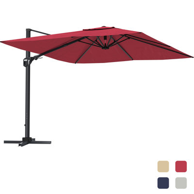 Parasol de patio rouge en porte-à-faux carré de 11 pi sans base, relevage hydraulique pour un ajustement facile de la hauteur, fermeture en position supérieure, tissu tissé enduit de polyéthylène de 280 g, solidité de la couleur pendant 3 ans, imperméable