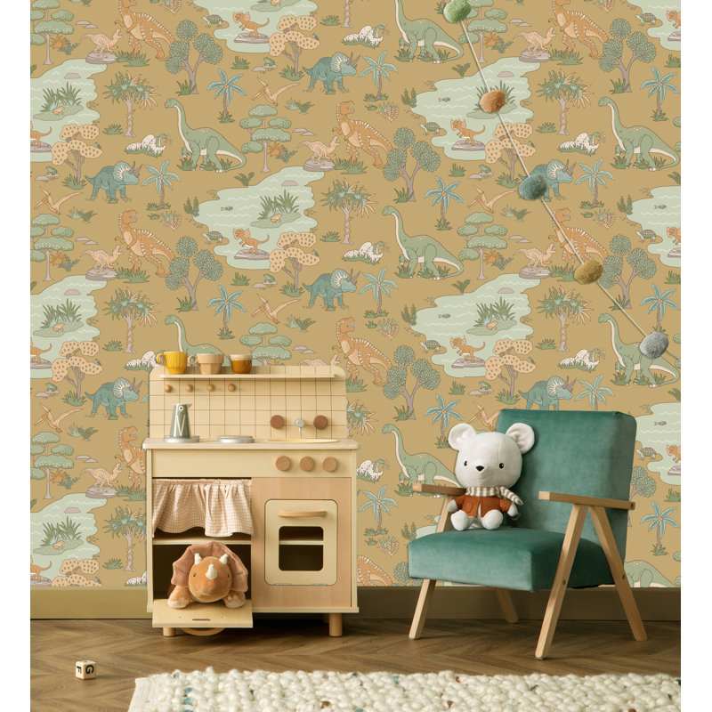 Papier peint intissé texturé ocre à motifs botaniques de dinosaures, non encollé, 57 pieds carrés., Jaune