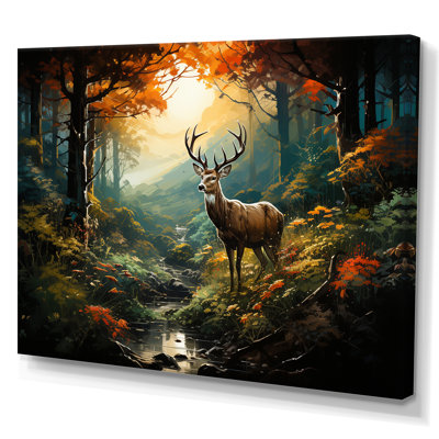 Green And Brown Deer In Forest Wilderness - Deer Animal Wall Art