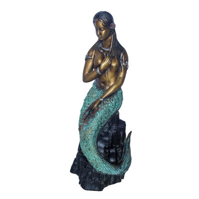 Statue en bronze de la collection de sirènes sur roche près de l'eau de Nifao, art nu, 10 po x 9 po x H 24 po