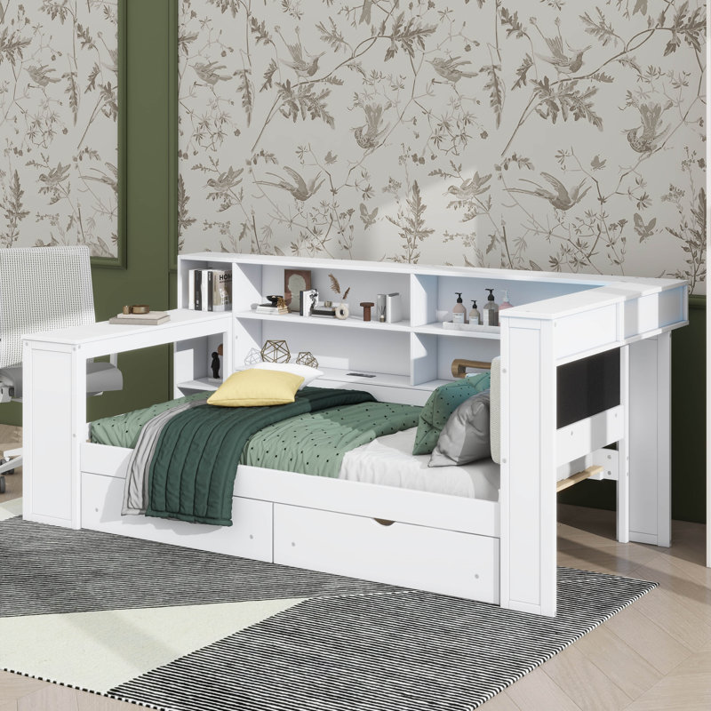 Streamlined Bed With Storage Racks, Drawers, Power Charging Outlet, LED Illumination, And Workstation, Twin, Beige