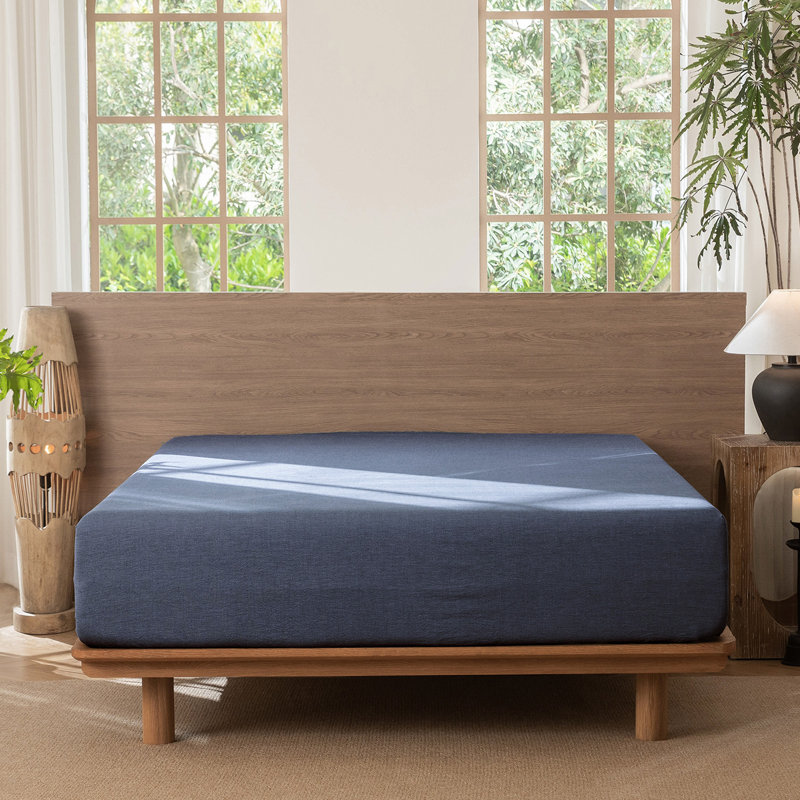 Drap-housse MooMee 100% coton lavé extra profond, Grand lit , Bleu denim