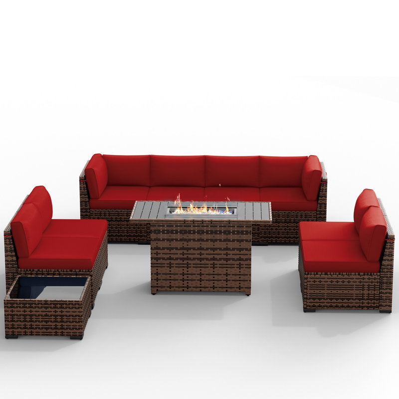 Avamay Rattan Sectional Seating Group with Cushions, Burgundy Performance Microfiber, Yes