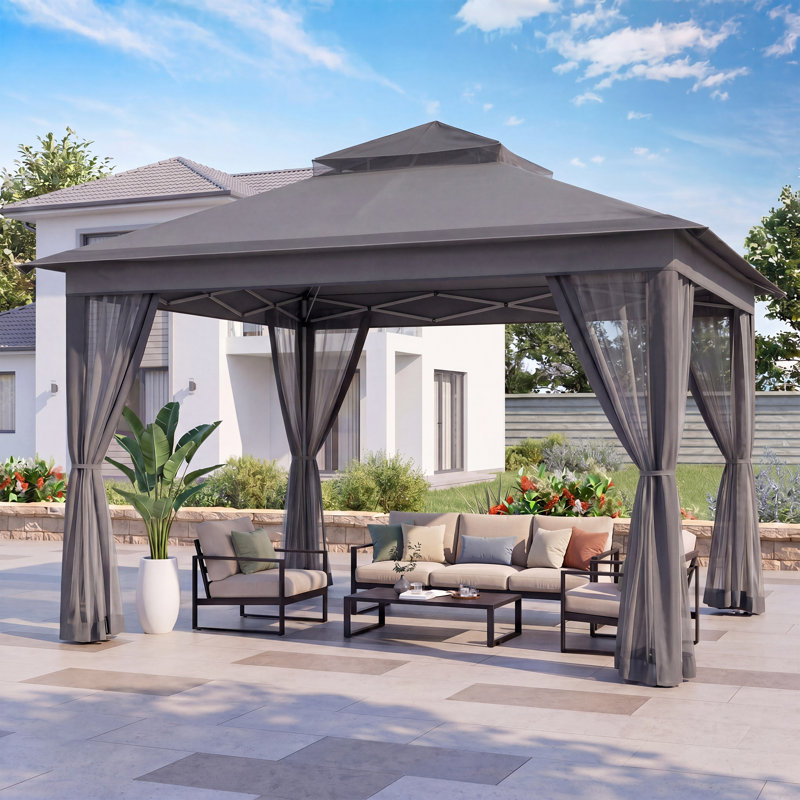Tente de jardin pliable instantanée de 3,35 m x 3,35 m avec moustiquaire, 11 pi. X 11 pi, Gris foncé