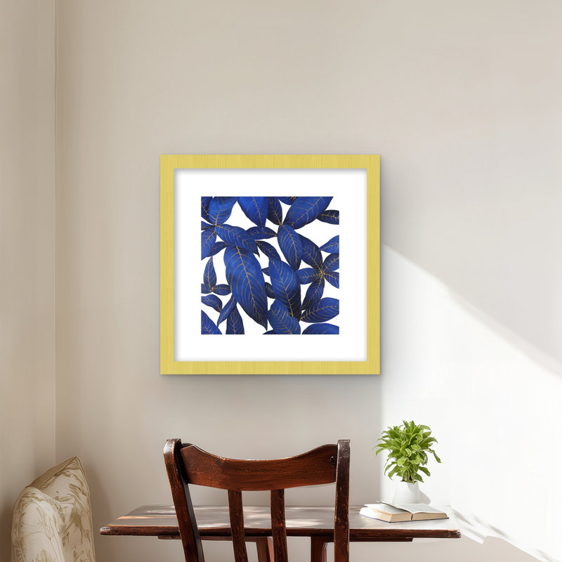 «Abstract Modern Blue Leaves - Exotic Flowers», reproduction encadrée