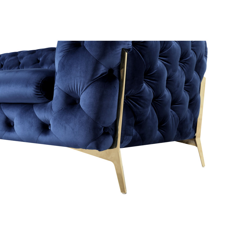 Soule - Causeuse transitionnelle en velours, Velours bleu, H 30 po x l 74 po x P 40 po