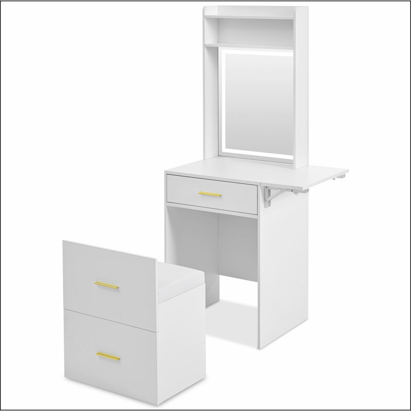 Small Vanity Desk with Mirror and Light, Dressing Table with Charging Station & Fold-up Panel for Small Space, Compact Makeup Vanity Set with Hidden Stool for Bedroom