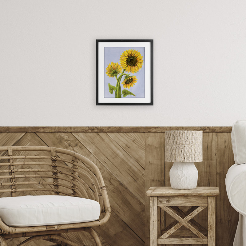 «Sunflower Trio Against Blue», reproduction encadrée sous verre, conception de Patti Bishop, Cadre noir minuit