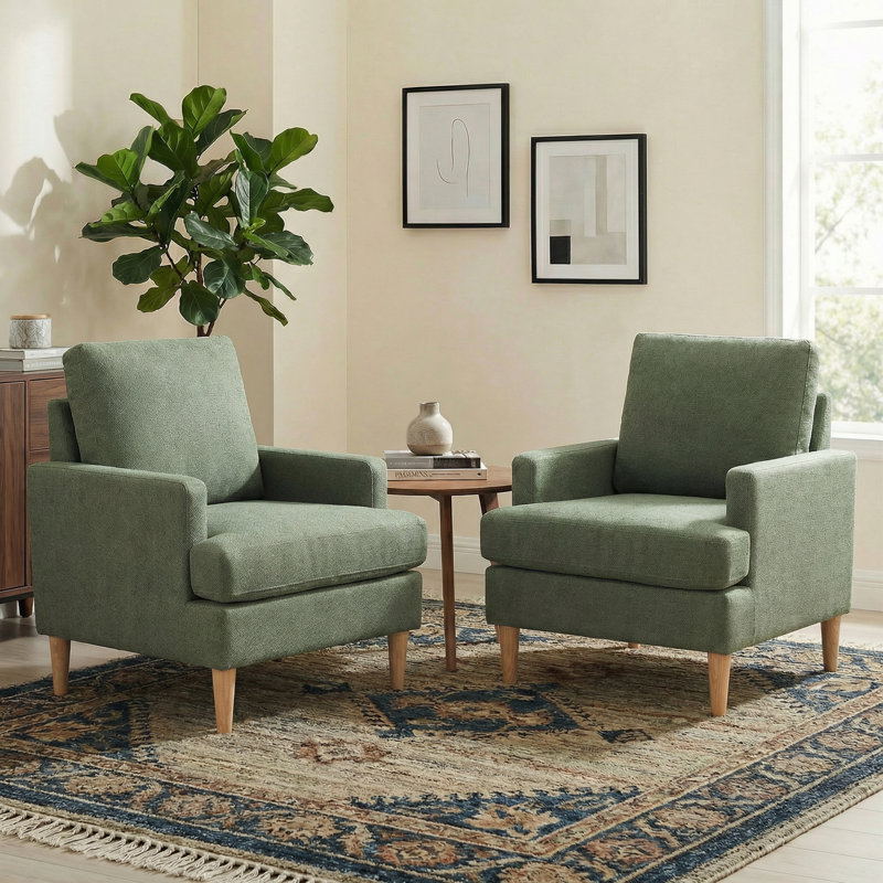 Fauteuil Clancy avec pieds en bois massif, Tissu vert