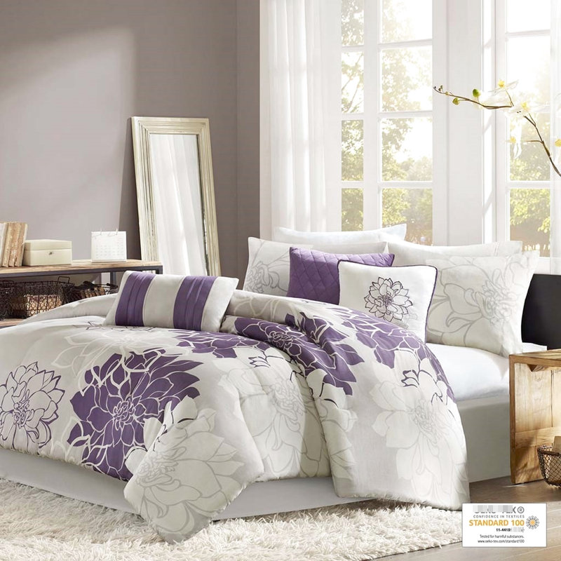 Literie en coton imprimé très grand - mauve 3 coussins décoratifs Jupe de lit Édredon imprimé floral 2 taies décoratives 1 Envoûtant