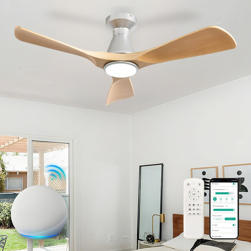 42 Inch Wood Smart Flush Mount Ceiling Fan with Lights and Remote, 3 Blade Dimmable Indoor Outdoor Fan Work with Alexa Remote APP Ultra Quiet DC Motor Timer 6 Speeds
