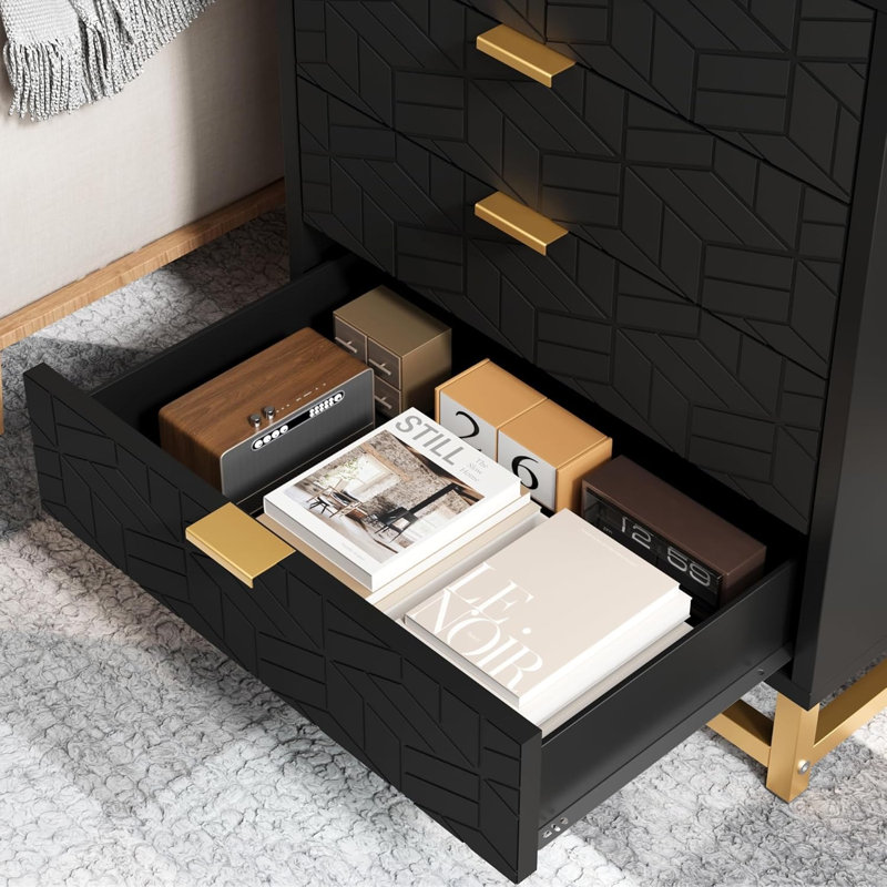 5 Drawer Dresser, With Gold Metal Handles, Black