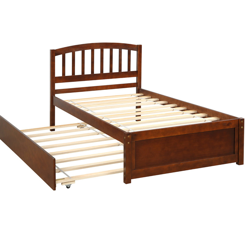 Lit plateforme simple en noyer avec lit gigogne escamotable