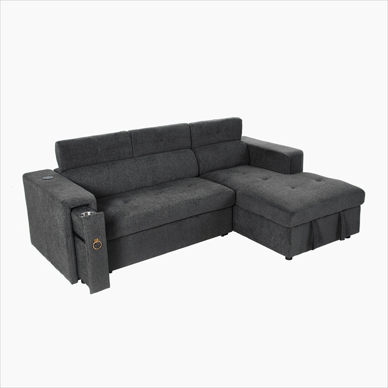 Pull-Out Sofa Bed L-Shape Sectional Sofa with Adjustable Headrest, Wireless Charging