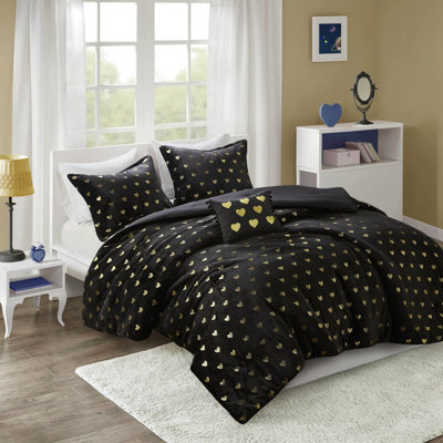 3 édredon noir / doré à imprimé métallique pour lit simple / simple TG, envers en microfibre, preuve et lavable à la machine avec lumière