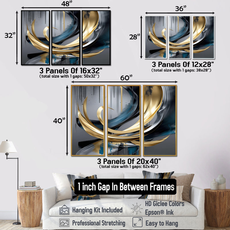 Ensemble de salon Jaxxon - Waves Wall Art, H 28 po x l 36 po x P 1 po, Cadre flottant noir