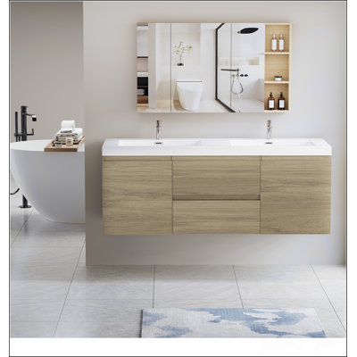 60" Floating Bathroom Vanity with Sink, Modern Wall-Mounted Bathroom Storage Vanity Cabinet with Double Resin Top Basins and Soft Close Drawers, Natural Oak 24V11-60DNO