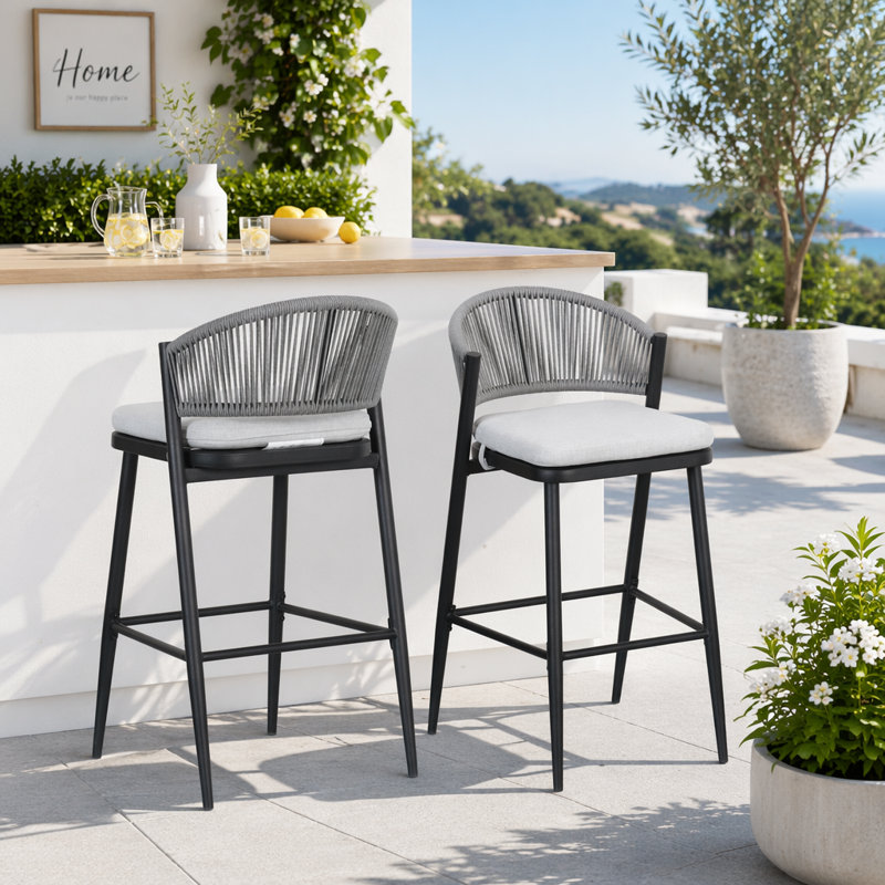 Tabourets de bar extérieurs en aluminium à hauteur d'assise de 30,25 po avec dossier en PE en rotin, Matte Black