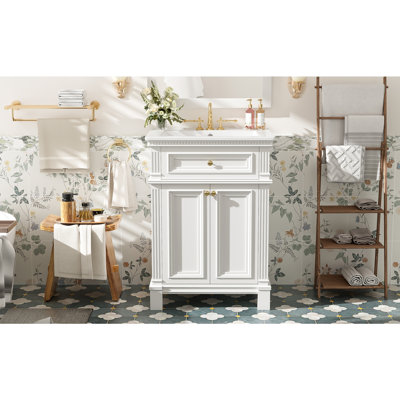 Armoire de salle de bain 24 po avec portes à fermeture douce et tablette réglable, meuble-lavabo avec lavabo en céramique