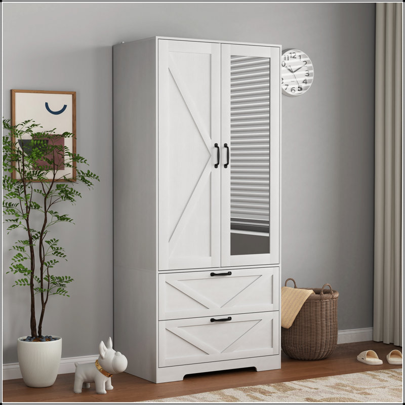 Garde-robe à 2 portes en bois avec tringle, tiroirs et éclairage à induction intégré pour un rangement et une organisation efficaces