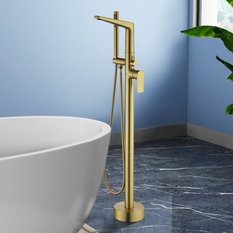 Topcraft Freestanding Bathtub Filler With Handheld Showerhead, Brushed Gold